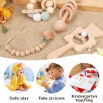 Nuanchu 4 Piece Wooden Teething Toys Set Wooden Rattle Toys Wooden Baby Teether Toys with Beads Pacifier Holder Clip Montessori Intelligence Toys for Newborn Baby Toddler