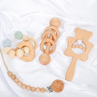 Nuanchu 4 Piece Wooden Teething Toys Set Wooden Rattle Toys Wooden Baby Teether Toys with Beads Pacifier Holder Clip Montessori Intelligence Toys for Newborn Baby Toddler