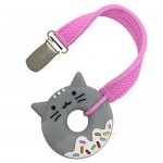Silli Chews 2 Inch Mini Donut Food Teething Toy Grey Kitty Cat Toy Animal Teether with Pink Pacifier Teether Strap Clip for Girls Popular Shower Gift Gum Soother