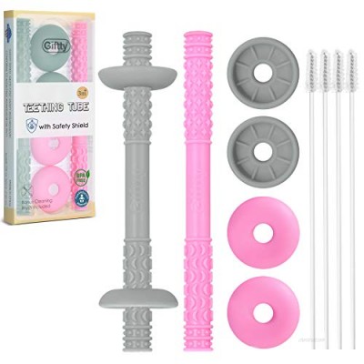 Teething Tube with Safety Baby Hollow Teether Sensory Toys Gum Massager  Food-Grade Silicone for Infant 3-12 Months Boys Girls  1 Pair with 4 Cleaning Brush Included (Rose Pink+Gray)