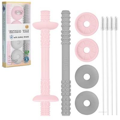 Teething Tube with Safety Shield Baby Hollow Teether Sensory Toys Gum Massager  Food-Grade Silicone for Infant 3-12 Months Boys Girls  1 Pair with 4 Cleaning Brush Included (Two Types  Pink+Grey)