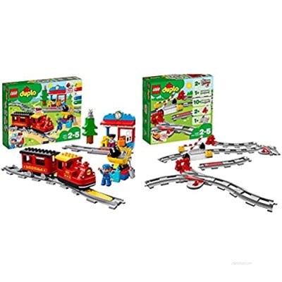 LEGO 10874 DUPLO Town Steam Train for Toddlers  Light & Sound  Push & Go Battery Powered Toy for Kids Age 2-5 & 10882 DUPLO Town Train Tracks Building Set with Red Action Brick