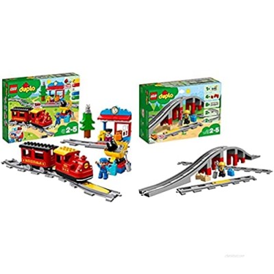 LEGO 10874 DUPLO Town Steam Train for Toddlers  Push & Go Battery Powered Toy for Kids Age 2-5 & 10872 DUPLO Town Train Bridge and Tracks Building Bricks Set  with Horn Sound Action Brick