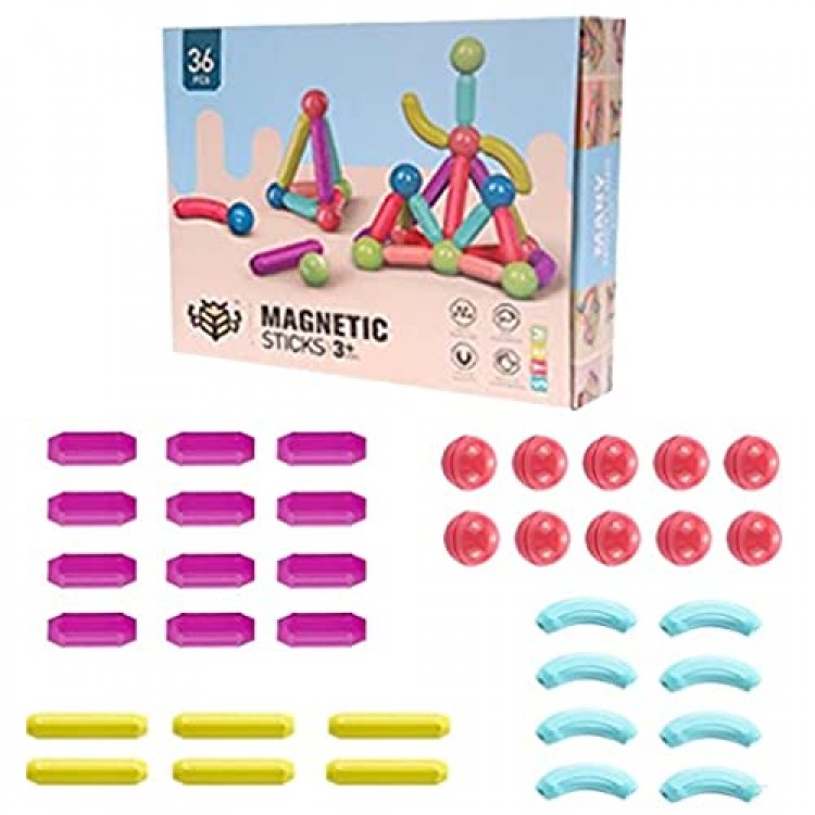 25/36/42/64 PCS Magnetic Balls and Rods Set Magnet Building Sticks Set Building Blocks Tiles STEM Stacking Toys for Kids Juniors Toddlers (Set Of 36)