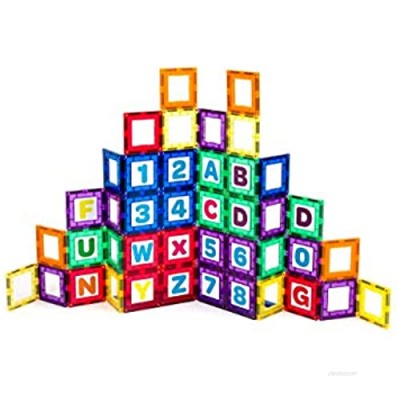Playmags 36 Pcs Magnetic Tiles Building Set: Exclusive Educational Clickins Kit Includes 18 Super Strong Clear Color Magnetic Windows & 18 Letters & Numbers – Stimulate Creativity & Brain Development