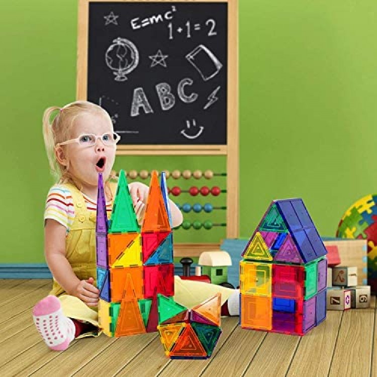 TOYSBBS 60 Pieces Magnetic Tiles Clear 3D Building Blocks with 4 Large Playboards STEM Magnetic Tiles Set for children over 3 years